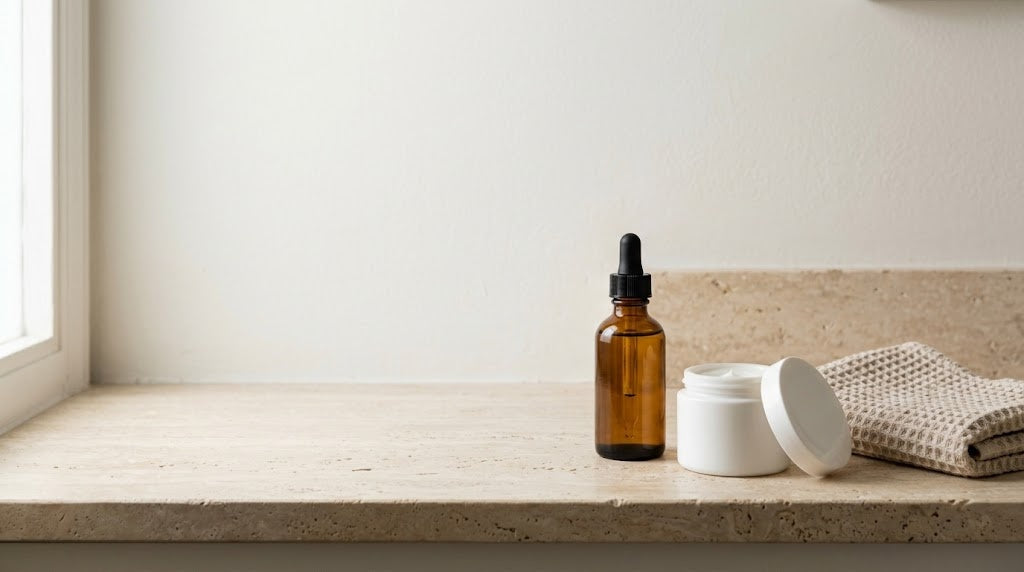 An amber glass dropper bottle beside a plain white jar and a folded washcloth on a sunlit bathroom counter