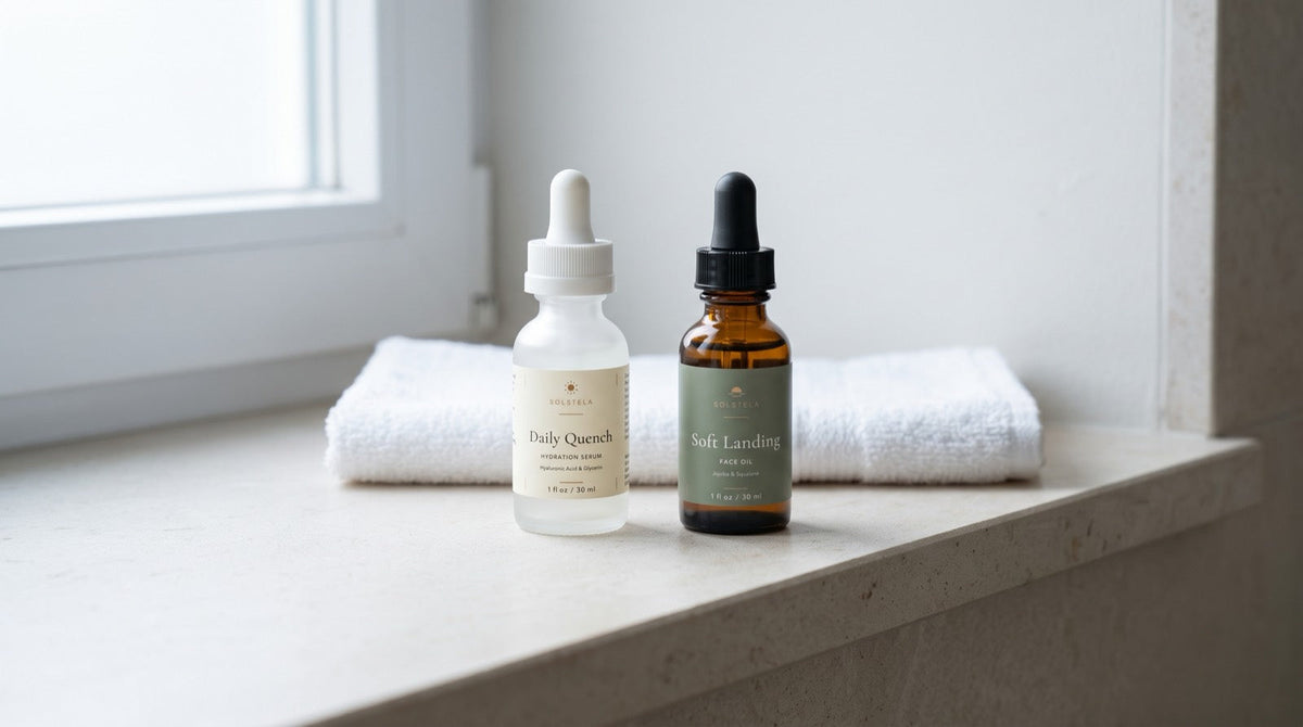 A clear Daily Quench serum bottle and an amber Soft Landing oil bottle standing side by side on a sunlit windowsill