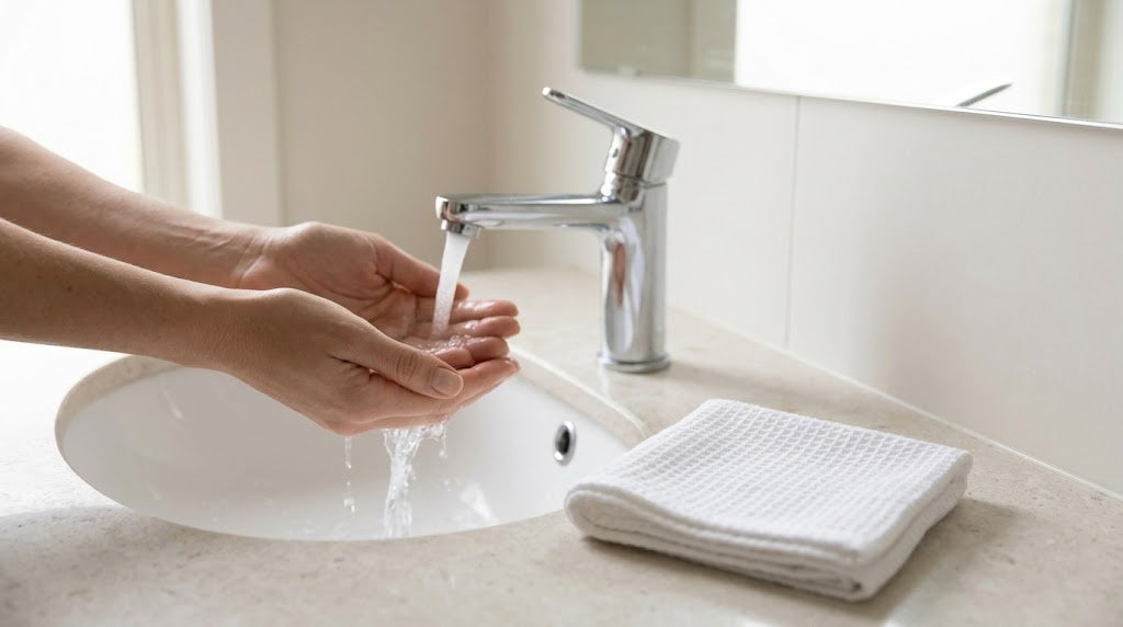Two cupped hands catching water under a bathroom tap, with a folded white washcloth on the counter