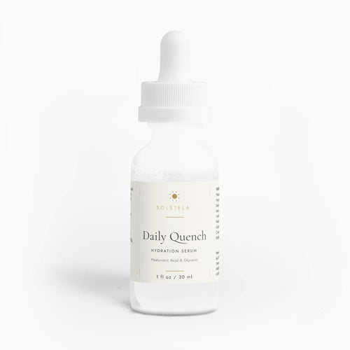 Solstela Daily Quench hydration serum, frosted glass dropper bottle with a cream label, on a plain pale background