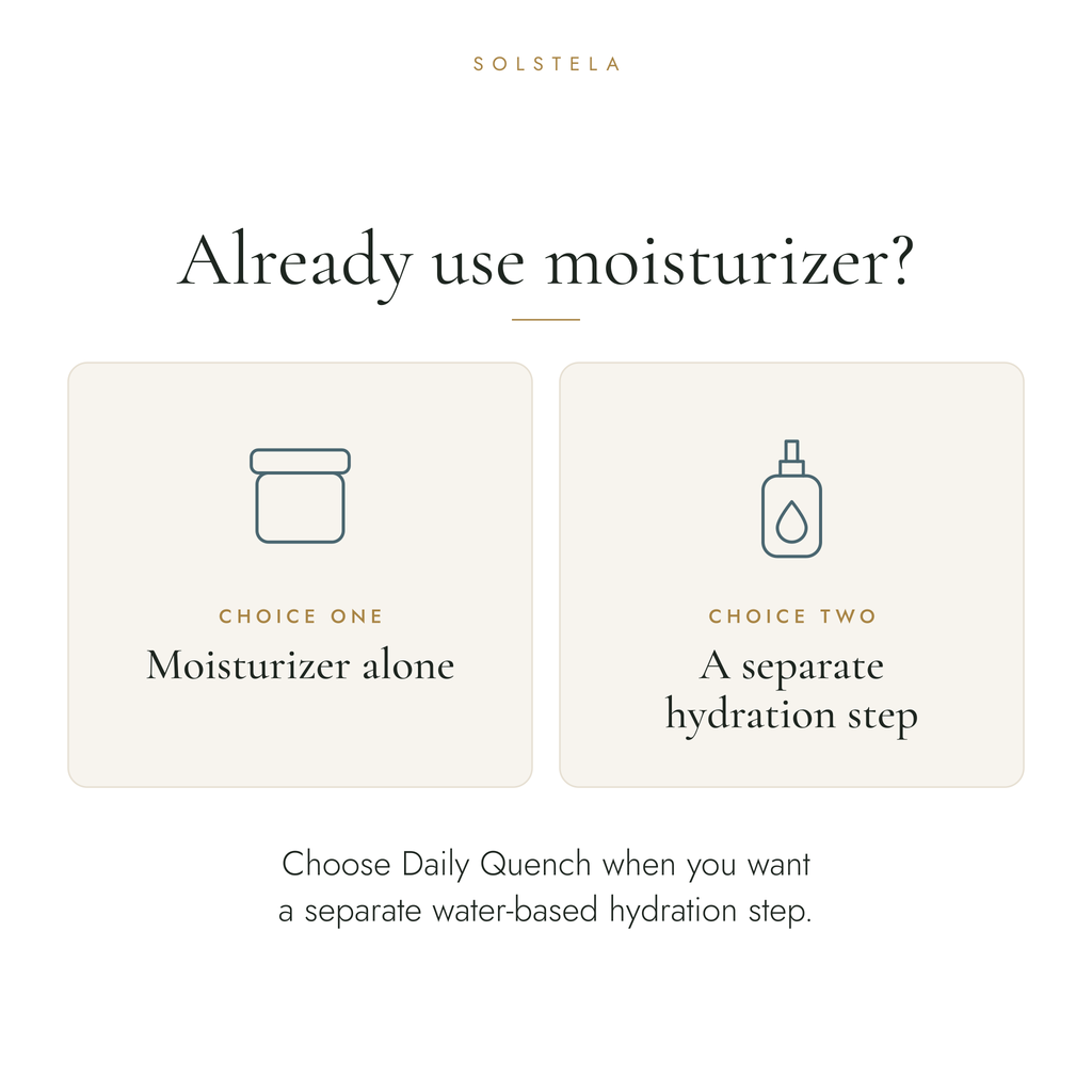 Two cards: using a moisturizer alone, or adding a separate hydration step with Daily Quench