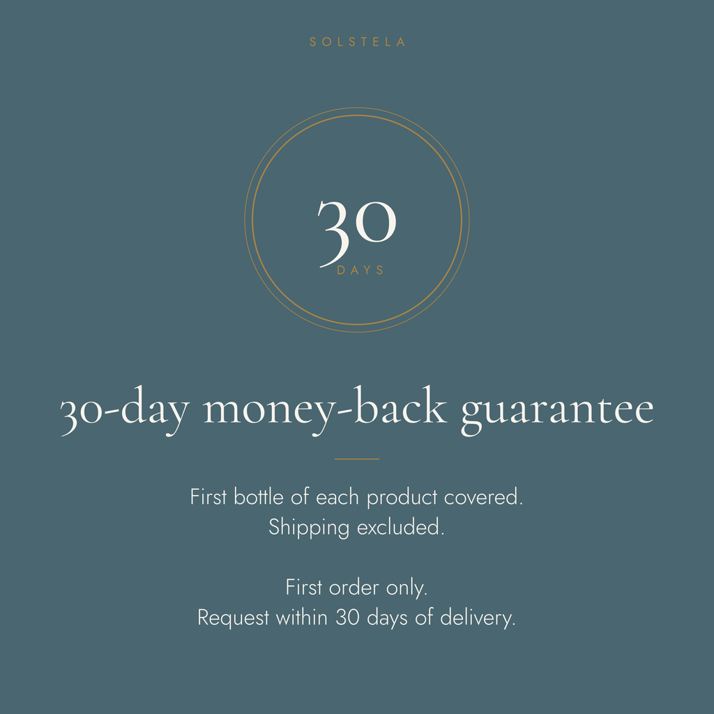 30-day money-back guarantee: first bottle of each product covered, shipping excluded, first order only, request within 30 days of delivery