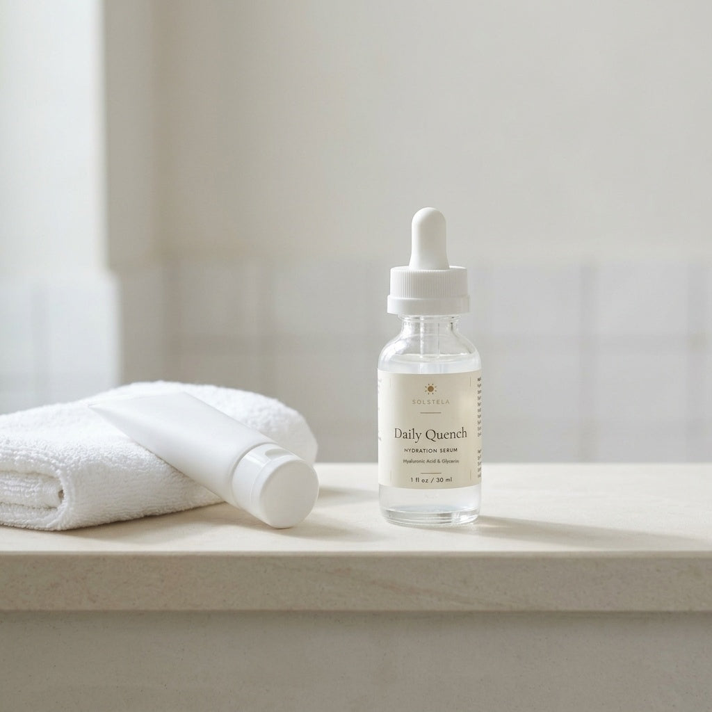 Solstela Daily Quench hydration serum on a bathroom shelf beside a moisturizer tube and a towel