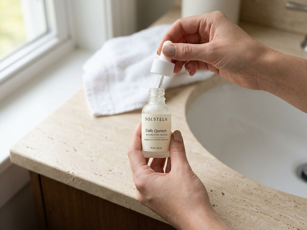 Hands drawing Daily Quench hydration serum into its dropper at a bathroom sink
