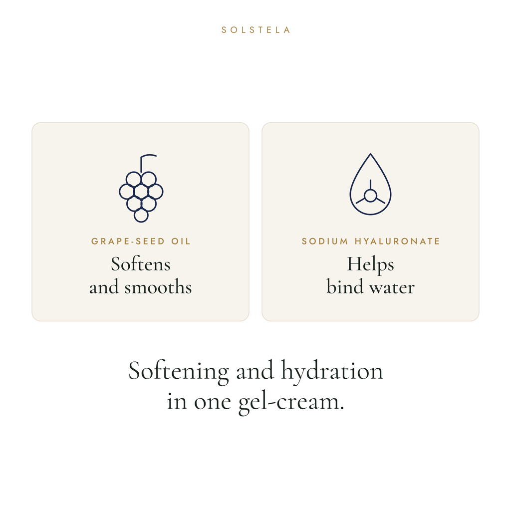 Two cards: grape-seed oil softens and smooths, sodium hyaluronate helps bind water