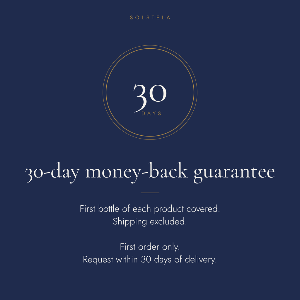 30-day money-back guarantee: first bottle of each product covered, shipping excluded, first order only, request within 30 days of delivery