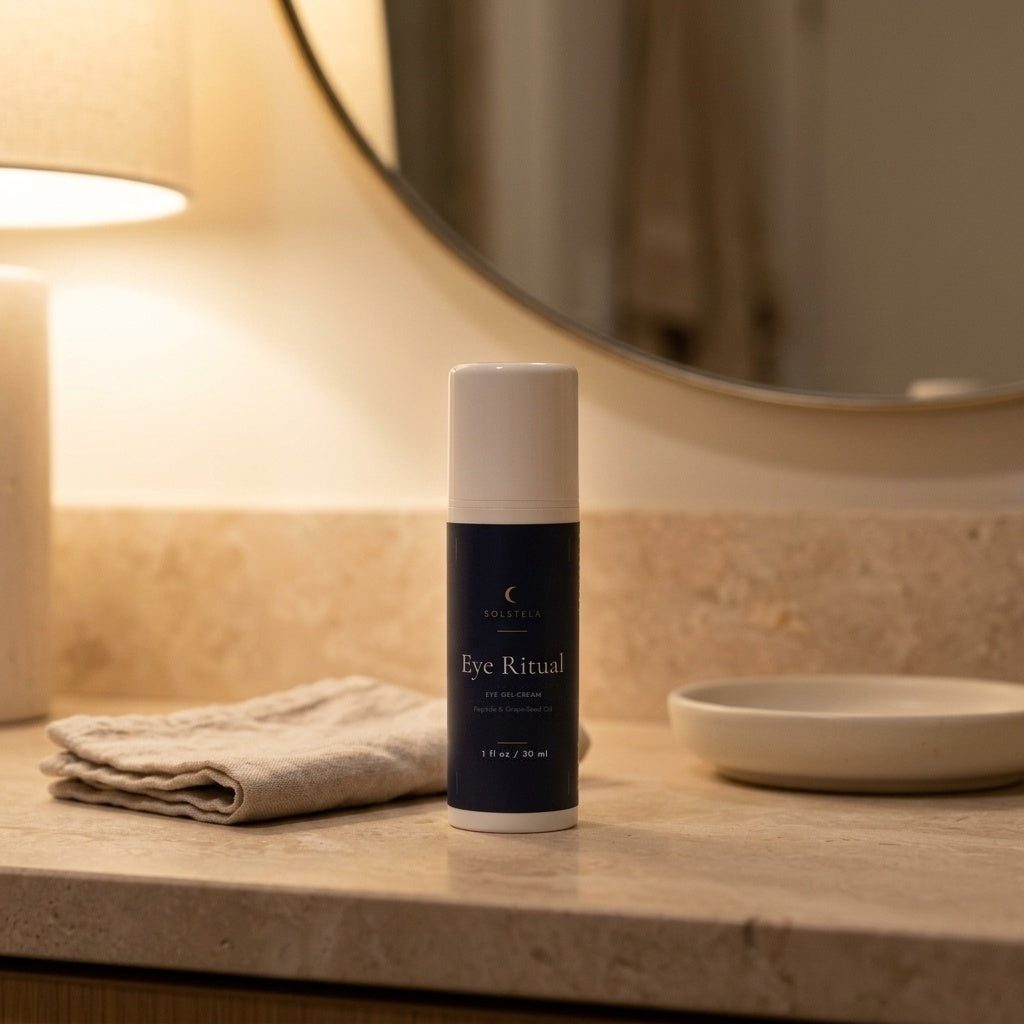 Solstela Eye Ritual eye gel-cream on an evening bathroom vanity
