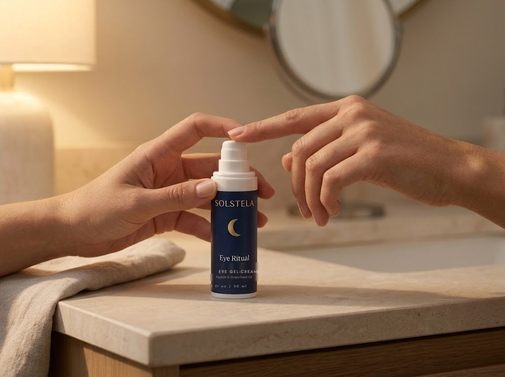 Hands holding the Eye Ritual pump bottle on a bathroom vanity, a fingertip resting on the pump