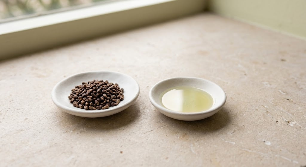 A small dish of grape seeds beside a dish of clear pale oil on a stone counter