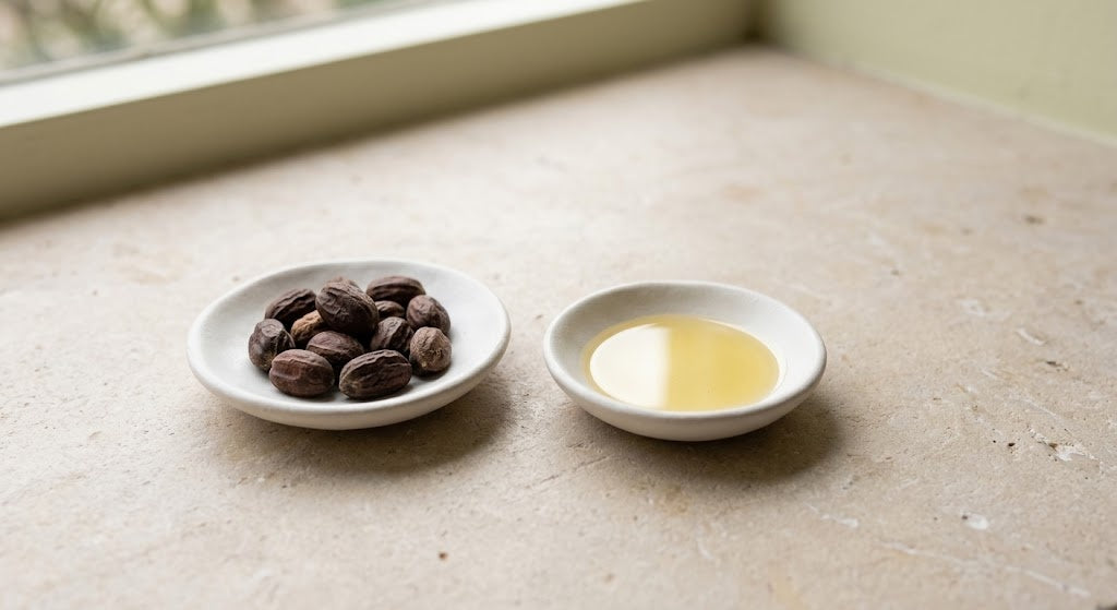 A small dish of dry jojoba seeds beside a dish of clear pale golden oil on a stone counter