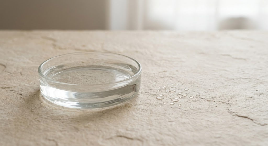 A shallow glass dish of still water with fine droplets on a stone counter