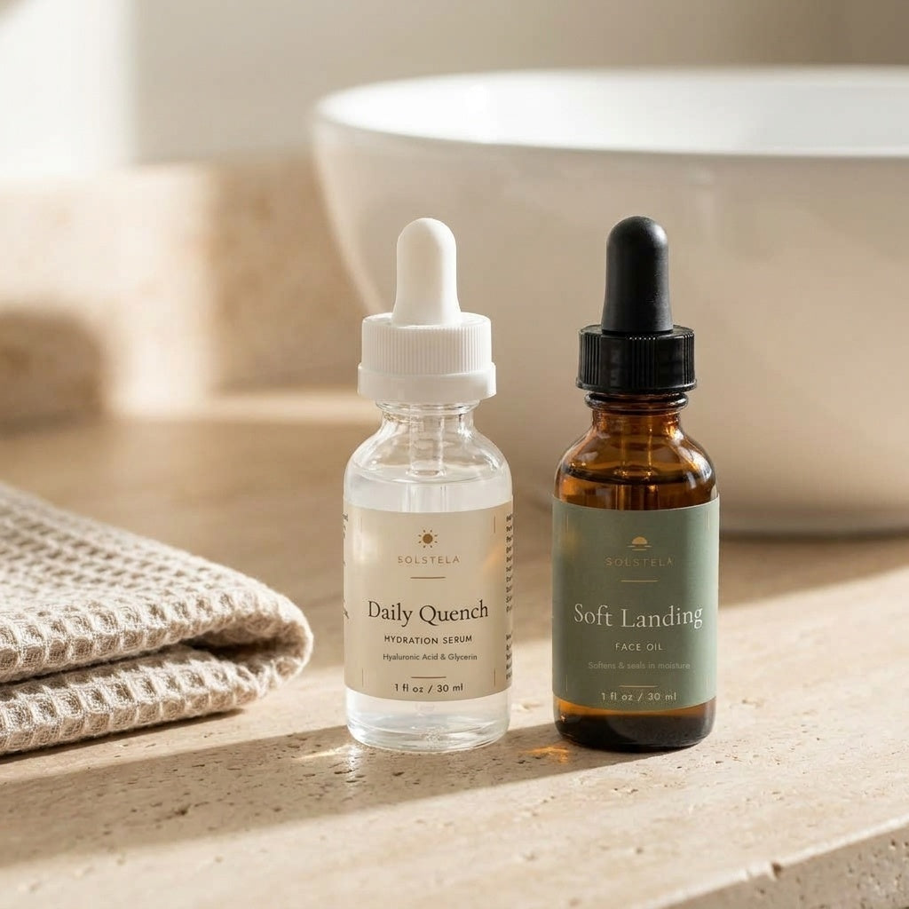 Solstela Daily Quench serum and Soft Landing face oil side by side on a bathroom counter