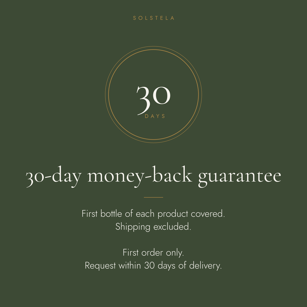30-day money-back guarantee: first bottle of each product covered, shipping excluded, first order only, request within 30 days of delivery