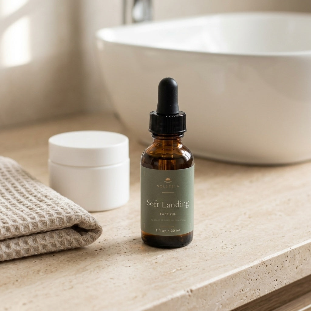 Solstela Soft Landing face oil on a bathroom counter beside a moisturizer jar and a washcloth