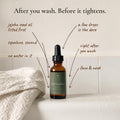 Soft Landing face oil on a wet sink edge just after washing, with handwritten notes: jojoba seed oil listed first, squalane second, no water in it, a few drops is the dose, right after you wash, face and neck