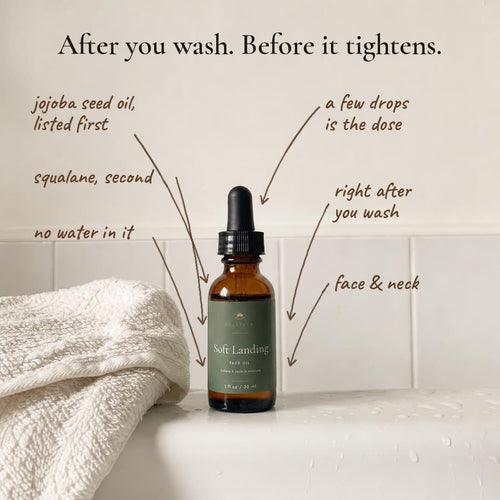 Soft Landing face oil on a wet sink edge just after washing, with handwritten notes: jojoba seed oil listed first, squalane second, no water in it, a few drops is the dose, right after you wash, face and neck