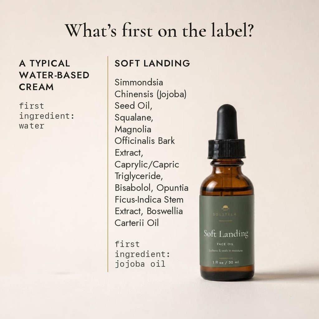 What is first on the label? A typical water-based cream lists water first; Soft Landing's ingredient list starts with jojoba seed oil