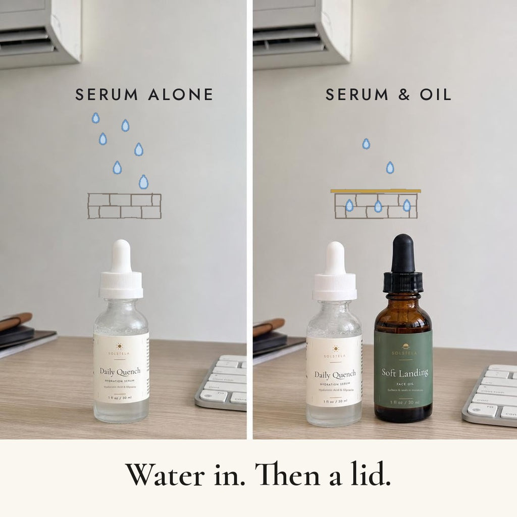 Two desk panels: Daily Quench serum alone, then Daily Quench with Soft Landing on top. Water in, then a lid