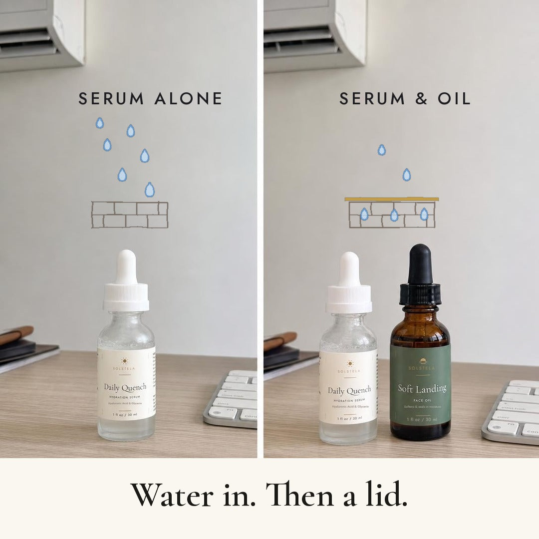 Two desk panels: Daily Quench serum alone, then Daily Quench with Soft Landing on top. Water in, then a lid