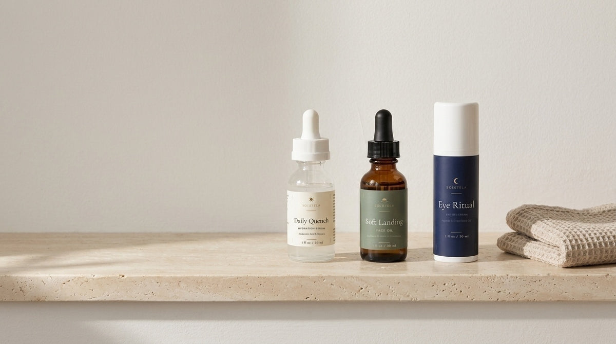 Solstela Daily Quench serum, Soft Landing face oil and Eye Ritual eye gel-cream on a bathroom ledge