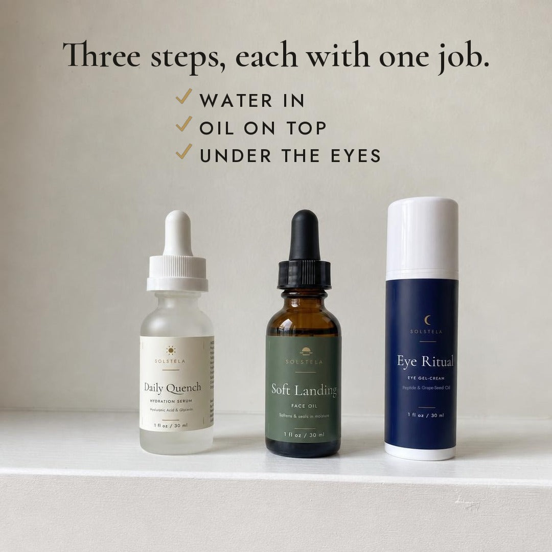 Three steps, each with one job: water in, oil on top, under the eyes. Daily Quench, Soft Landing and Eye Ritual on a white shelf